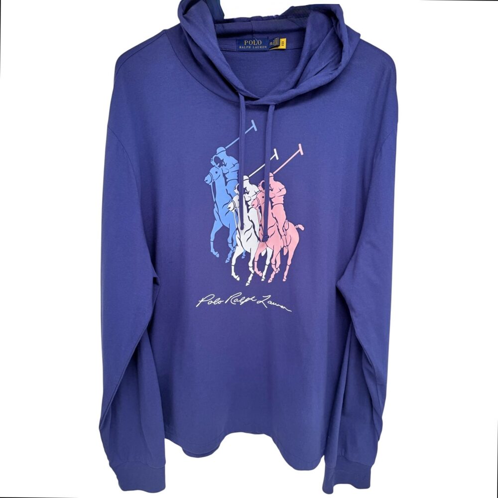 Ralph Lauren Mens Colorblock Polo Hoodie 2XL Blue Pink
